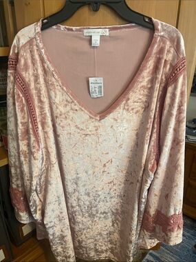 Westport 1962 Rose Blush Velvet V-Neck Blouse with Lace Trim